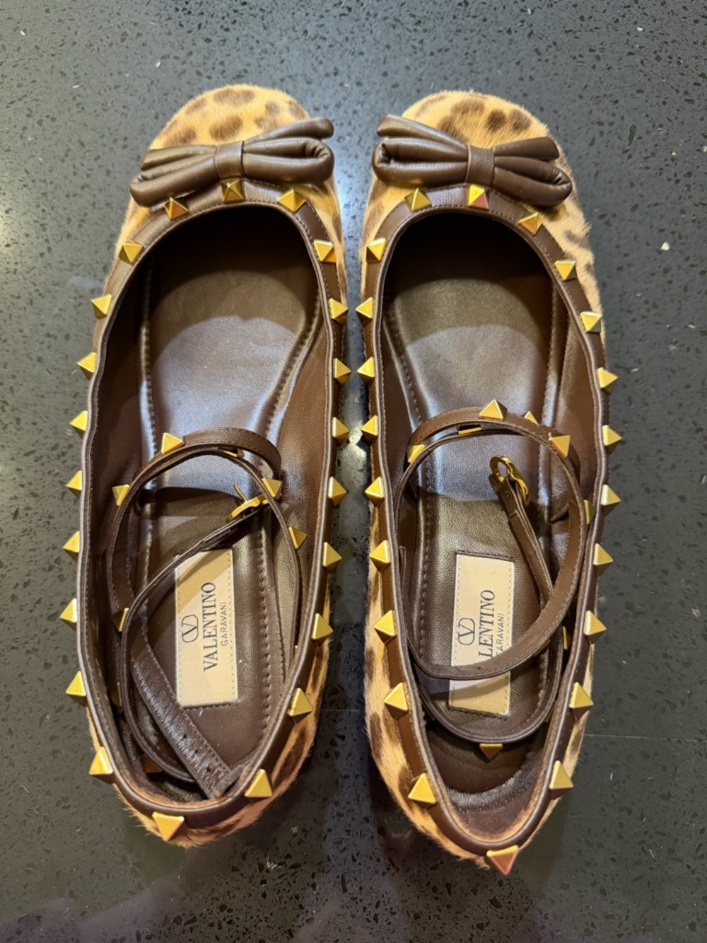 Valentino Garavani Leopard Print Bow Flats with Gold Studs